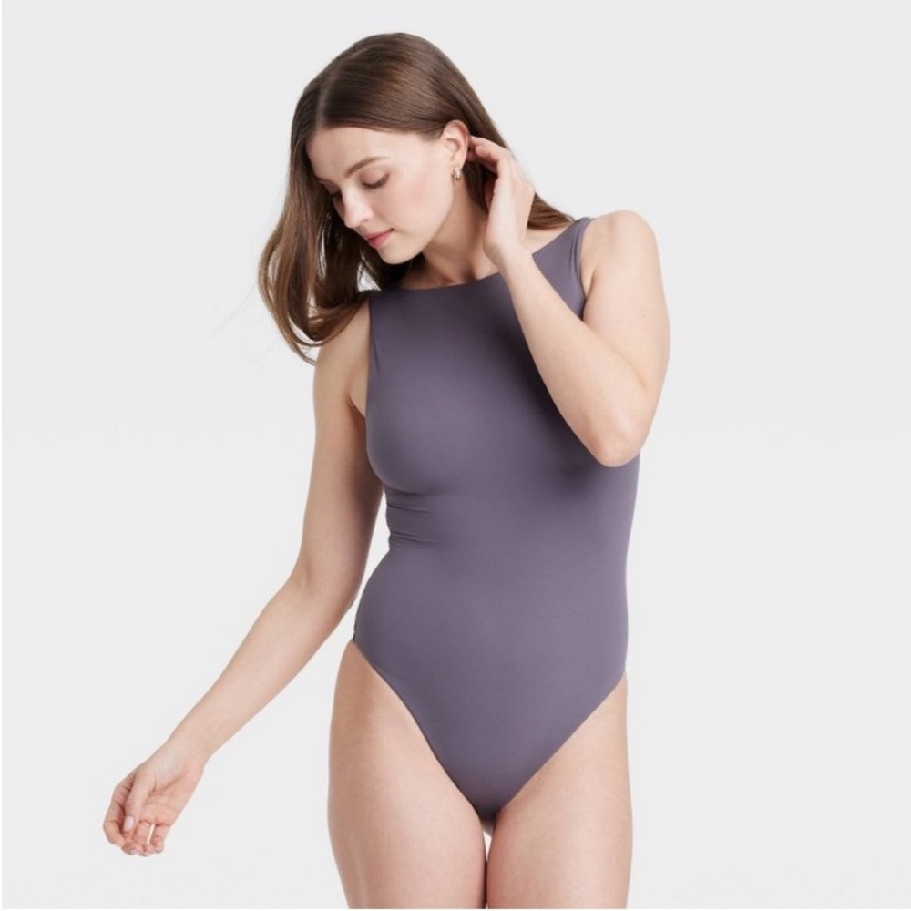 Auden Luxe Stretch High Neck V Back Mauve Gray Thong Bodysuit Var Sizes | NWT